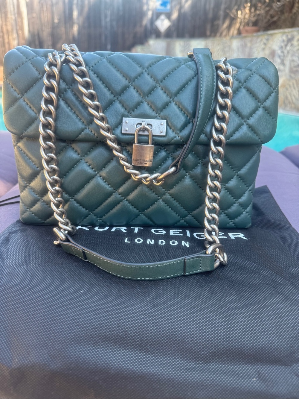 Kurt Geiger London Brixton Green GUC Quilted Leather Padlock Shoulder Bag